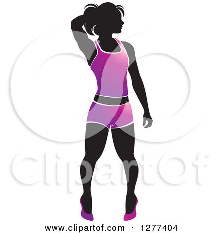 Clipart of a Black Silhouetted Woman Posing and Wearing a Purple Outfit - Royalty Free Vector Illustration by Lal Perera