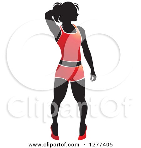 Clipart of a Black Silhouetted Woman Posing and Wearing a Red Outfit - Royalty Free Vector Illustration by Lal Perera