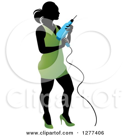 Clipart of a Black Silhouetted Woman in a Green Dress, Holding a Power Drill - Royalty Free Vector Illustration by Lal Perera