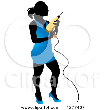 Clipart of a Black Silhouetted Woman in a Blue Dress, Holding a Power Drill - Royalty Free Vector Illustration by Lal Perera