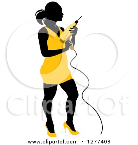 Clipart of a Black Silhouetted Woman in a Yellow Dress, Holding a Power Drill - Royalty Free Vector Illustration by Lal Perera