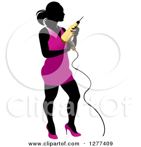 Clipart of a Black Silhouetted Woman in a Pink Dress, Holding a Power Drill - Royalty Free Vector Illustration by Lal Perera