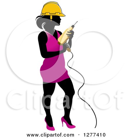 Clipart of a Black Silhouetted Woman in a Pink Dress and Yellow Hardhat, Holding a Power Drill - Royalty Free Vector Illustration by Lal Perera