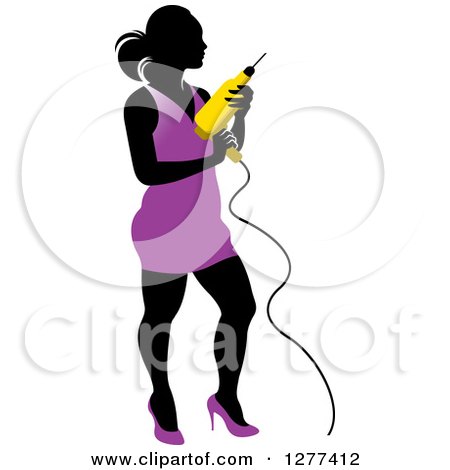 Clipart of a Black Silhouetted Woman in a Purple Dress, Holding a Power Drill - Royalty Free Vector Illustration by Lal Perera