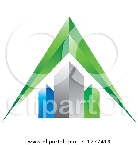 Clipart of a 3d Green Arrow over Skyscrapers - Royalty Free Vector Illustration by Lal Perera