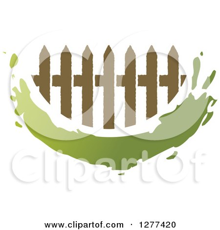 Clipart of a Brown Picket Fence and Green Swoosh Splatter Icon - Royalty Free Vector Illustration by Lal Perera