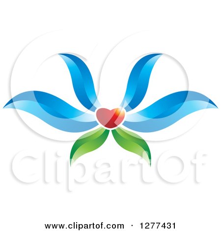 Clipart of a Red Heart Flower with Blue Petals and Green Leaves - Royalty Free Vector Illustration by Lal Perera