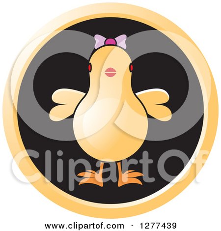 Clipart of a Chick Wearing a Bow in a Round Black Icon - Royalty Free Vector Illustration by Lal Perera
