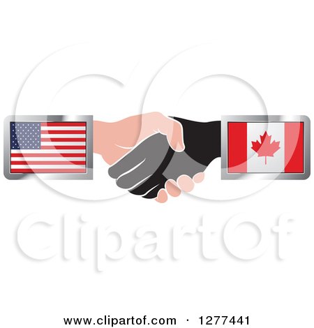 Clipart of Black and Caucasian Hands Shaking with American and Canadian Flags - Royalty Free Vector Illustration by Lal Perera