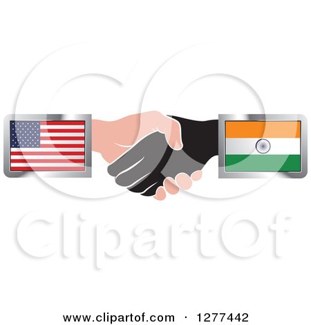 Clipart of Black and Caucasian Hands Shaking with American and Indian Flags - Royalty Free Vector Illustration by Lal Perera