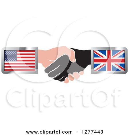 Clipart of Black and Caucasian Hands Shaking with American and British Flags - Royalty Free Vector Illustration by Lal Perera