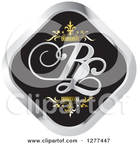 Clipart of a Black and Silver Diamond Icon with Gold Crowns and BL Letters - Royalty Free Vector Illustration by Lal Perera