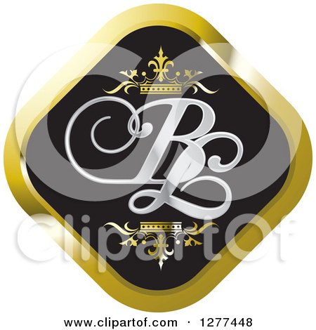 Clipart of a Black and Gold Diamond Icon with Crowns and BL Letters - Royalty Free Vector Illustration by Lal Perera