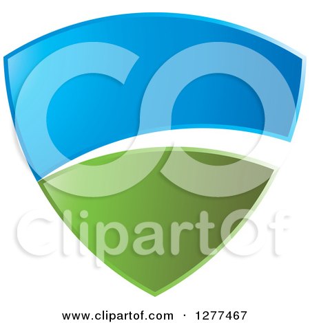 Clipart of a Green and Blue Sky and Hill Shield with a White Swoosh - Royalty Free Vector Illustration by Lal Perera