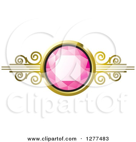 Clipart of a Pink Gem Stone in a Gold Setting with Swirls - Royalty Free Vector Illustration by Lal Perera