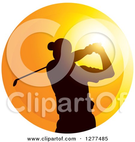 Clipart of a Black Silhouetted Male Golfer Swinging over a Sunset Circle - Royalty Free Vector Illustration by Lal Perera
