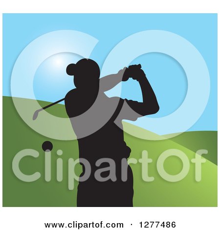Clipart of a Black Silhouetted Male Golfer Swinging over Hills and Blue Sky - Royalty Free Vector Illustration by Lal Perera