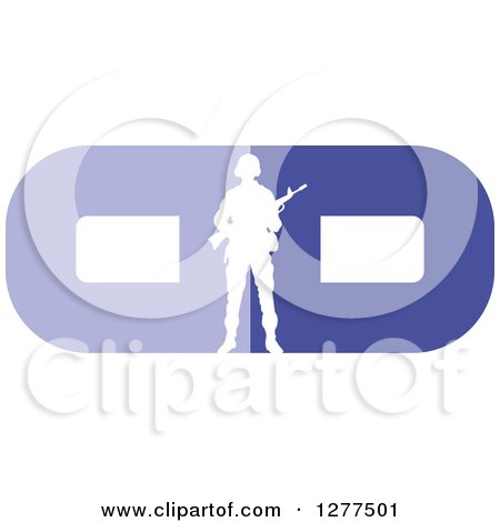 Clipart of a White Silhouetted Armed Soldier over a Blue Double D Design - Royalty Free Vector Illustration by Lal Perera