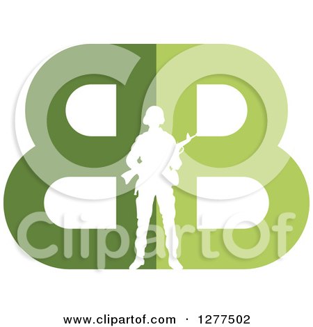 Clipart of a White Silhouetted Armed Soldier over a Green Double B Design - Royalty Free Vector Illustration by Lal Perera