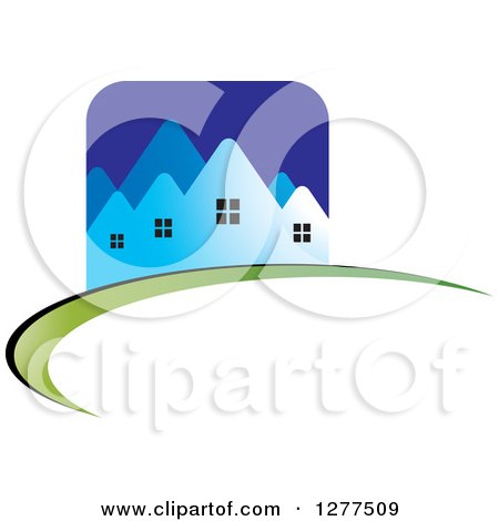 Clipart of a Blue Houses Icon on a Green and Black Swoosh - Royalty Free Vector Illustration by Lal Perera