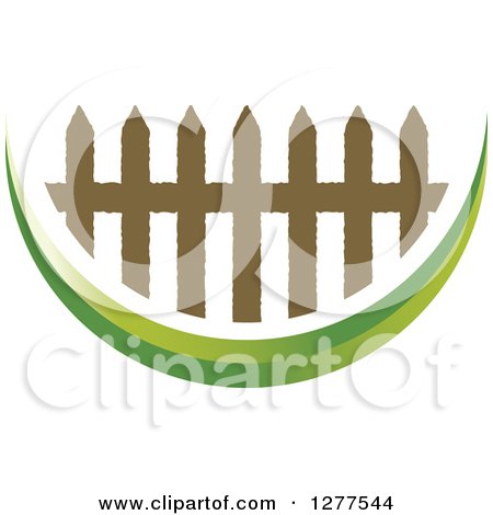 Clipart of a Brown Picket Fence and Green Swoosh Icon - Royalty Free Vector Illustration by Lal Perera