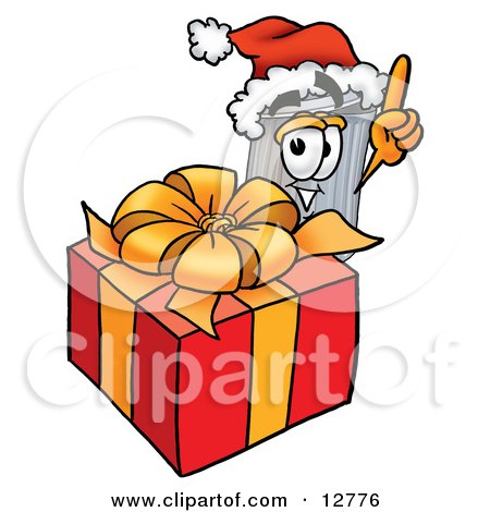 Clipart Picture of a Garbage Can Mascot Cartoon Character Standing by a Christmas Present by Mascot Junction