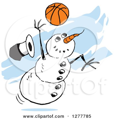 Clipart of a Winter Snowman Dropping His Top Hat While Playing Basketball over Blue Streaks - Royalty Free Vector Illustration by Johnny Sajem