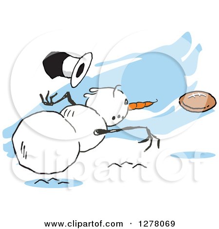 Clipart of a Winter Snowman Dropping His Top Hat While Throwing a Football over Blue Streaks - Royalty Free Vector Illustration by Johnny Sajem