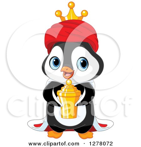Clipart of a Cute Penguin King Holding a Gold Urn - Royalty Free Vector Illustration by Pushkin