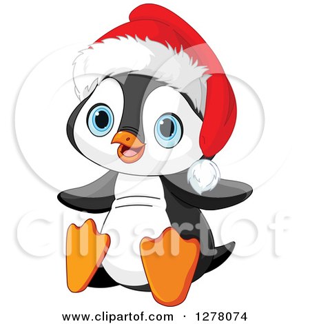 Clipart of a Cute Christmas Penguin Sitting and Wearing a Santa Hat - Royalty Free Vector Illustration by Pushkin