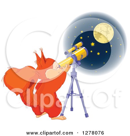 Cute Squirrel Viewing the Moon and Stars Through a Telescope Posters, Art Prints