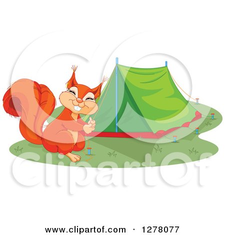 Clipart of a Cute Squirrel Smiling and Setting up a Camping Tent - Royalty Free Vector Illustration by Pushkin