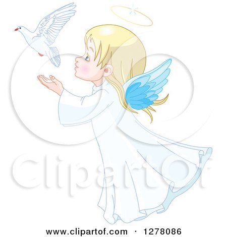 Clipart of a Cute Blond White Angel Girl Releasing a Dove - Royalty Free Vector Illustration by Pushkin