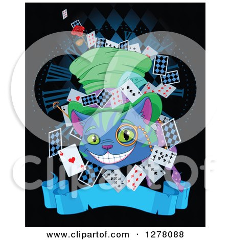 Clipart of a Cheshire Cat Wearing a Hat and Surrounded with Cards over a Clock and Blank Banner - Royalty Free Vector Illustration by Pushkin