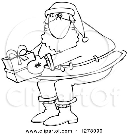 Clipart of a Black and White Santa Wearing a Mask and Holding a Christmas Gift - Royalty Free Vector Illustration by djart
