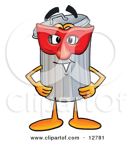 Clipart Picture of a Garbage Can Mascot Cartoon Character Wearing a Red Mask Over His Face by Mascot Junction