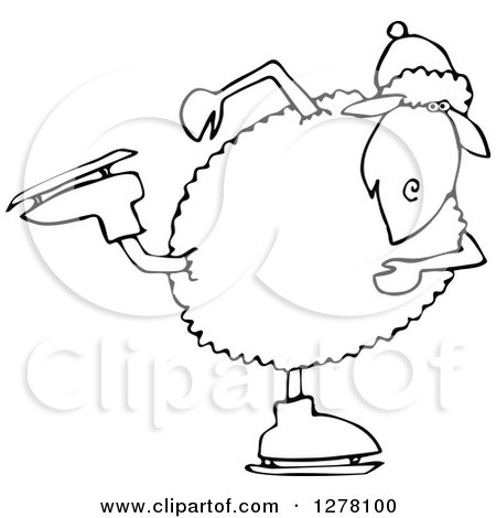 Clipart of a Black and White Winter Sheep Ice Skating - Royalty Free Vector Illustration by djart