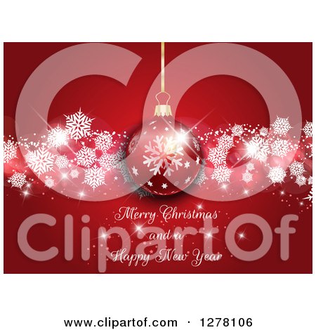 Clipart of a Merry Christmas and a Happy New Year Greeting Under a Snowflake Bauble on Red with Snowflakes - Royalty Free Vector Illustration by KJ Pargeter