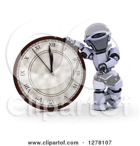 Clipart of a 3d New Year Robot Presenting a Wall Clock - Royalty Free Illustration by KJ Pargeter