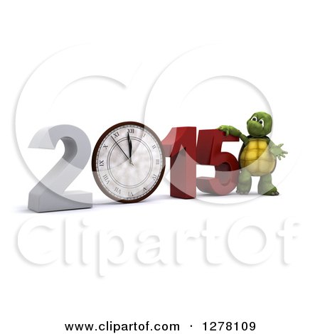 Clipart of a 3d New Year Tortoise Presenting a Wall Clock in 2015 - Royalty Free Illustration by KJ Pargeter