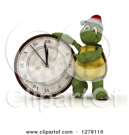 Clipart of a 3d New Year Tortoise Presenting a Wall Clock - Royalty Free Illustration by KJ Pargeter
