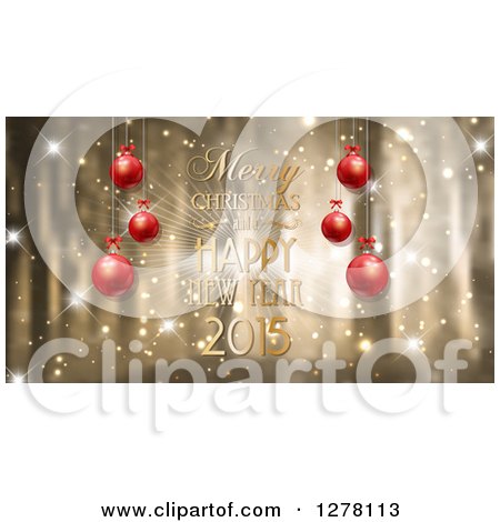 Clipart of a Merry Christmas and a Happy New Year Greeting with Suspended Ornaments over Gold - Royalty Free Vector Illustration by KJ Pargeter