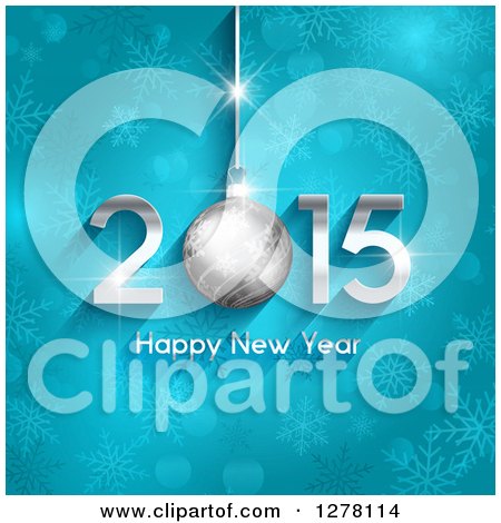 Clipart of a 2015 Happy New Year Greeting with a Suspended Bauble on Blue Snowflakes - Royalty Free Vector Illustration by KJ Pargeter