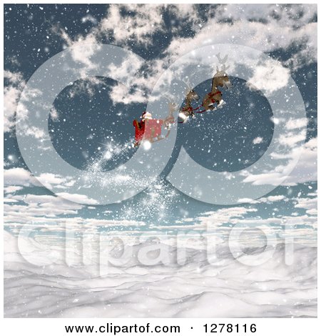 Clipart of 3d Christmas Magic Reindeer Flying Santa in a Sleigh over a Snowy Mountain Landscape - Royalty Free Illustration by KJ Pargeter