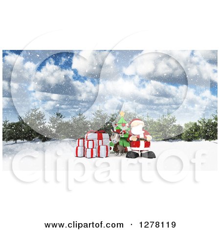Clipart of a 3d Christmas Reindeer and Santa with Gifts and a Tree on a Winter Day - Royalty Free Illustration by KJ Pargeter