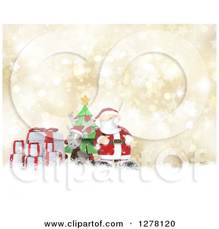 Clipart of a 3d Christmas Reindeer and Santa with Gifts and a Tree over Gold - Royalty Free Illustration by KJ Pargeter