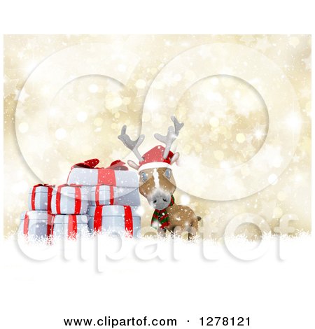Clipart of a 3d Christmas Reindeer with Gifts in the Snow over Gold Bokeh - Royalty Free Illustration by KJ Pargeter