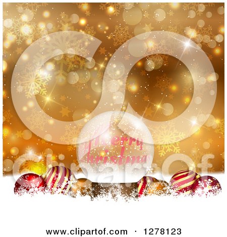 Clipart of a Merry Christmas Greeting Globe over Baubles in Snow Against Gold Snowflakes and Bokeh - Royalty Free Vector Illustration by KJ Pargeter