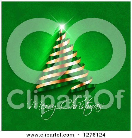 Clipart of a Merry Christmas Greeting Under a Gold Ribbon Christmas Tree on Green Snowflakes - Royalty Free Vector Illustration by KJ Pargeter