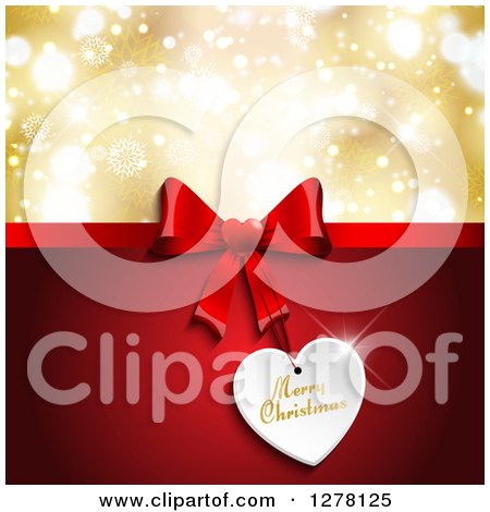 Clipart of a Merry Christmas Greeting Under a Red Gift Bow and Tag with Gold Bokeh - Royalty Free Vector Illustration by KJ Pargeter